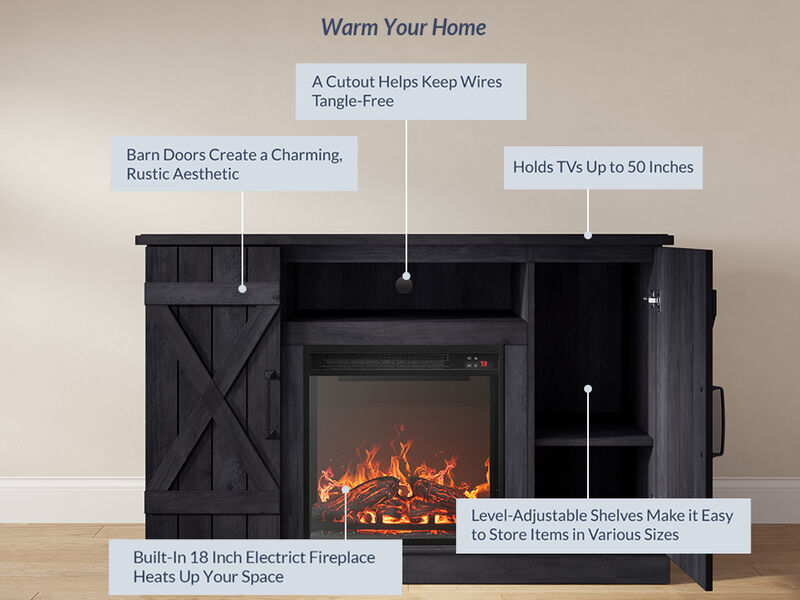 BELLEZE 47" TV Stand with 18" Electric Fireplace Heater & Media Entertainment Center Console Table for TV up to 50" with Open Storage Shelves & Cabinets - Veropeso