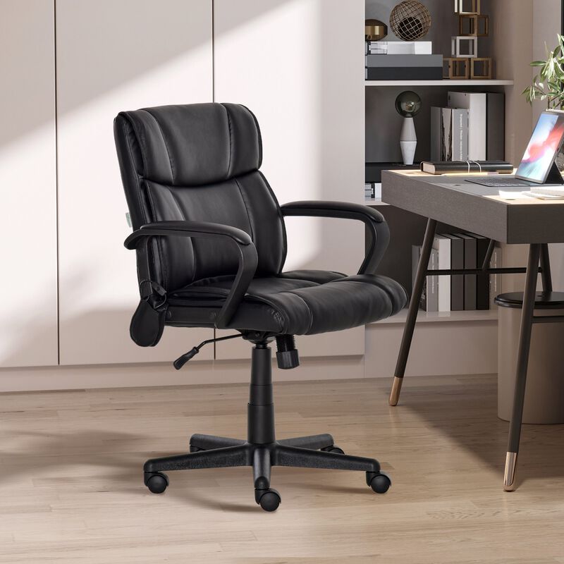 Leather Office Chair, Mid Back Desk Chair with 2 Point Vibration, USB Charge and Gas lift, Sturdy Base, Massage Office Chair, Black