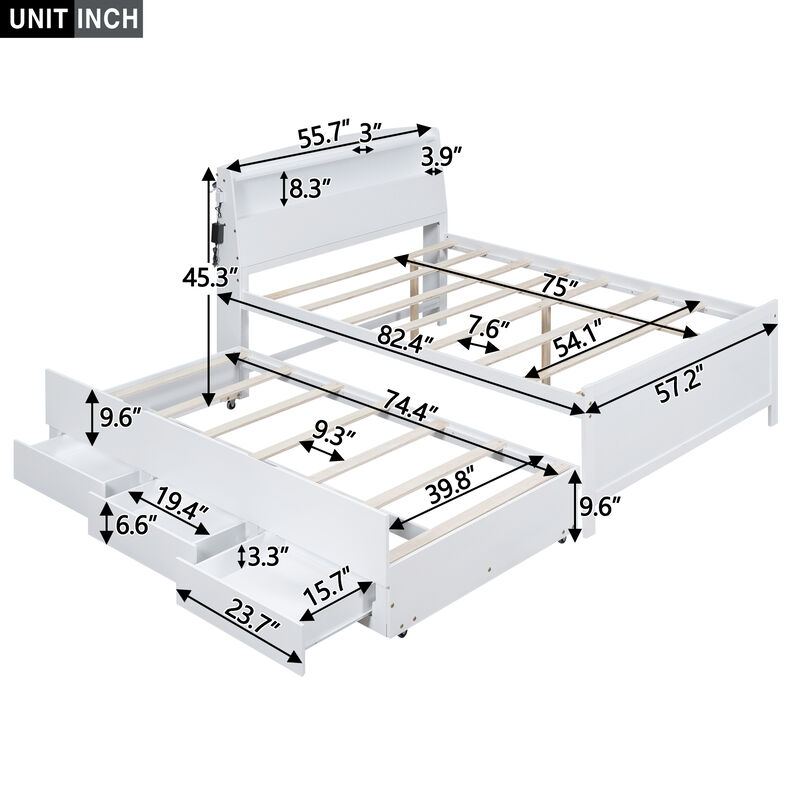 Merax White Platform Bed with LED Headboard, Trundle & Drawers image number 4