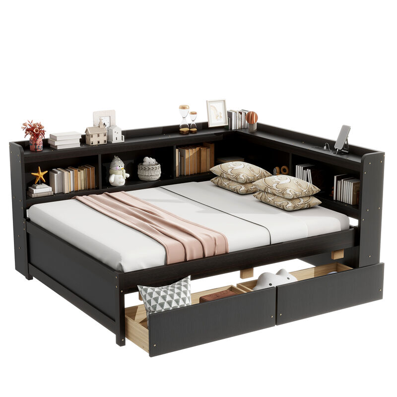 Whisen Full Size L-shaped Bookcases Bed with Power Outlets, USB Charging Ports,Two Drawers image number 0