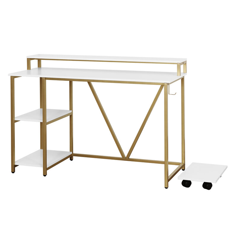 HomeRoots 47" White and Gold Wood and Steel Pedestal Computer Desk image number 3
