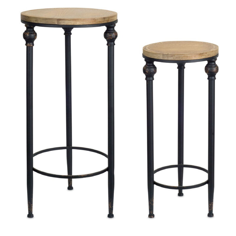 Round Wood And Metal Plant Stand Table - (Set of 2)
