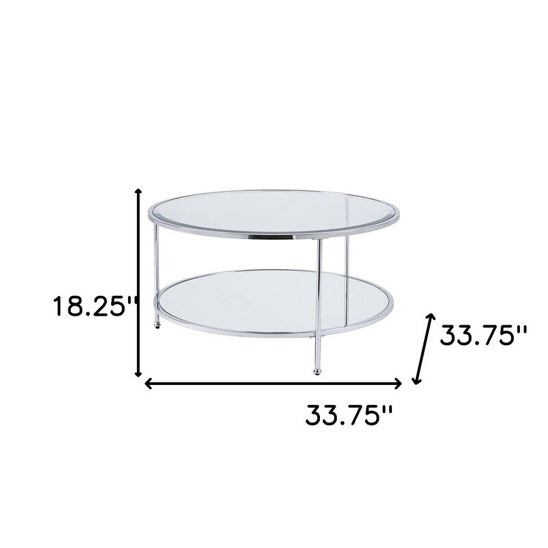 Homezia 34" Chrome Glass And Metal Round Mirrored Coffee Table