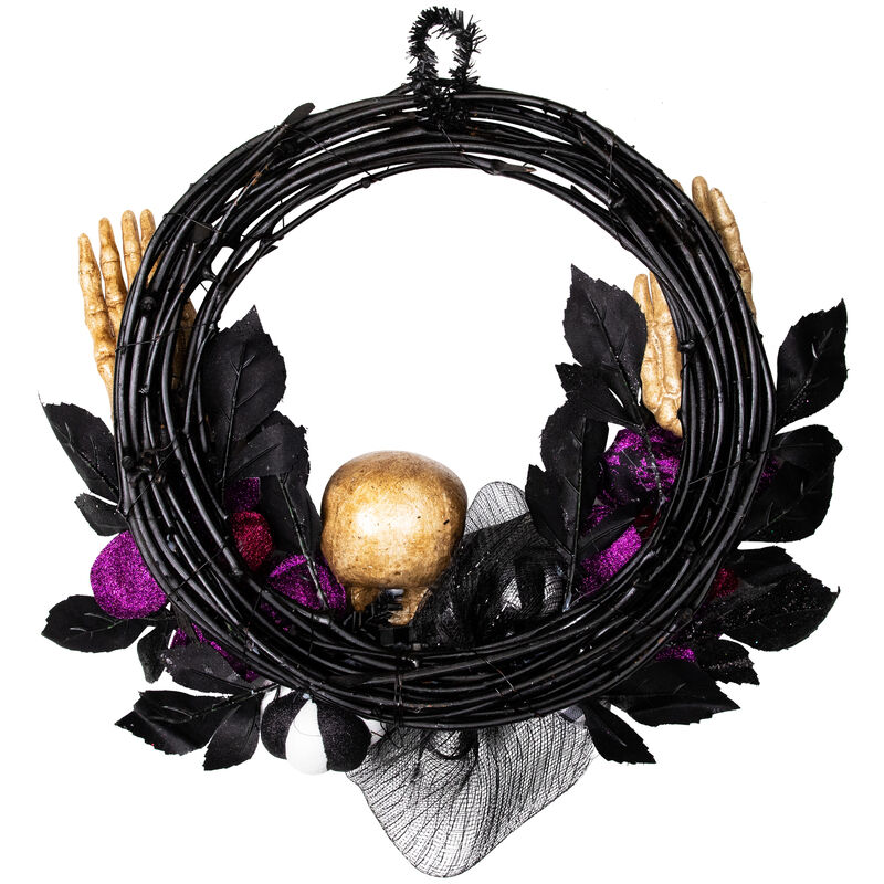 Skull with Hands and Purple Roses Halloween Twig Wreath  22-Inch  Unlit image number 7