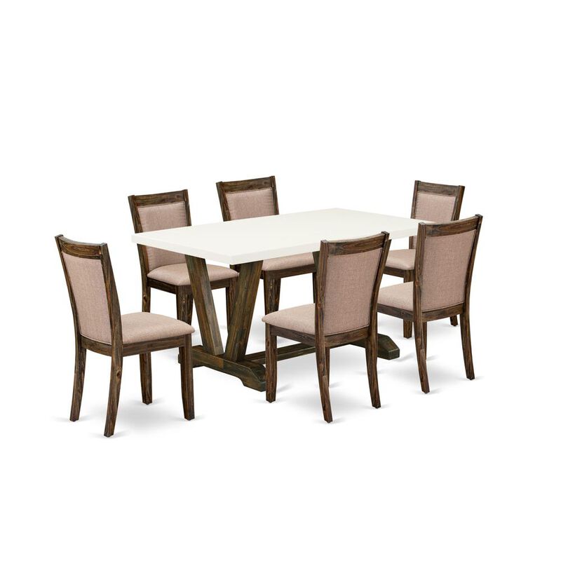 V726MZ716-7 7 Piece Modern Dining Set - A Dining Table with Trestle Base and 6 Chairs For Dining Room - Distressed Jacobean Finish