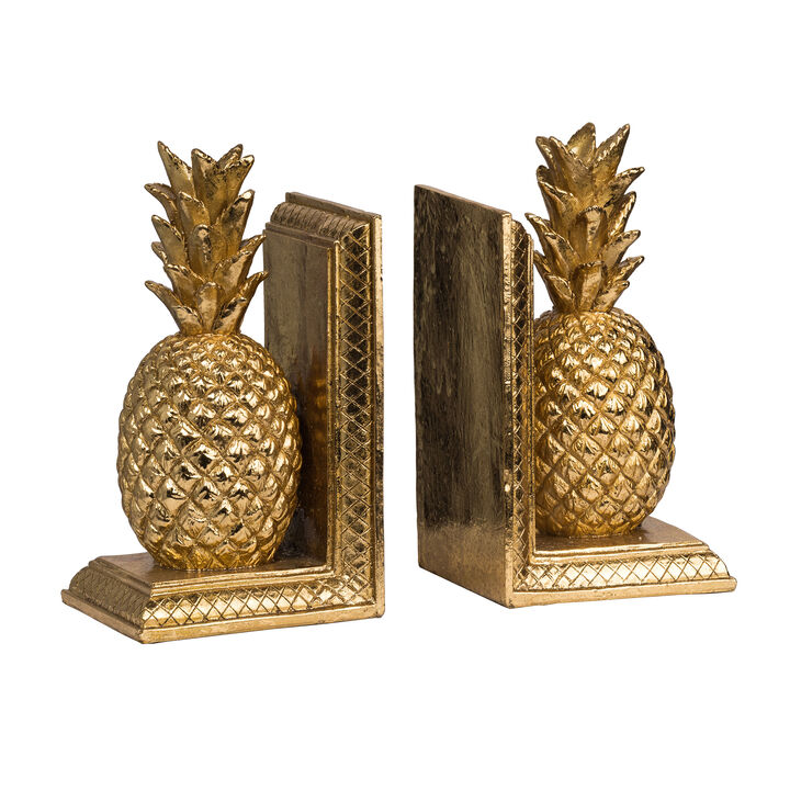10 Inch Modern Bookends, Pineapple Decorative Statuette, Gold Resin - Benzara