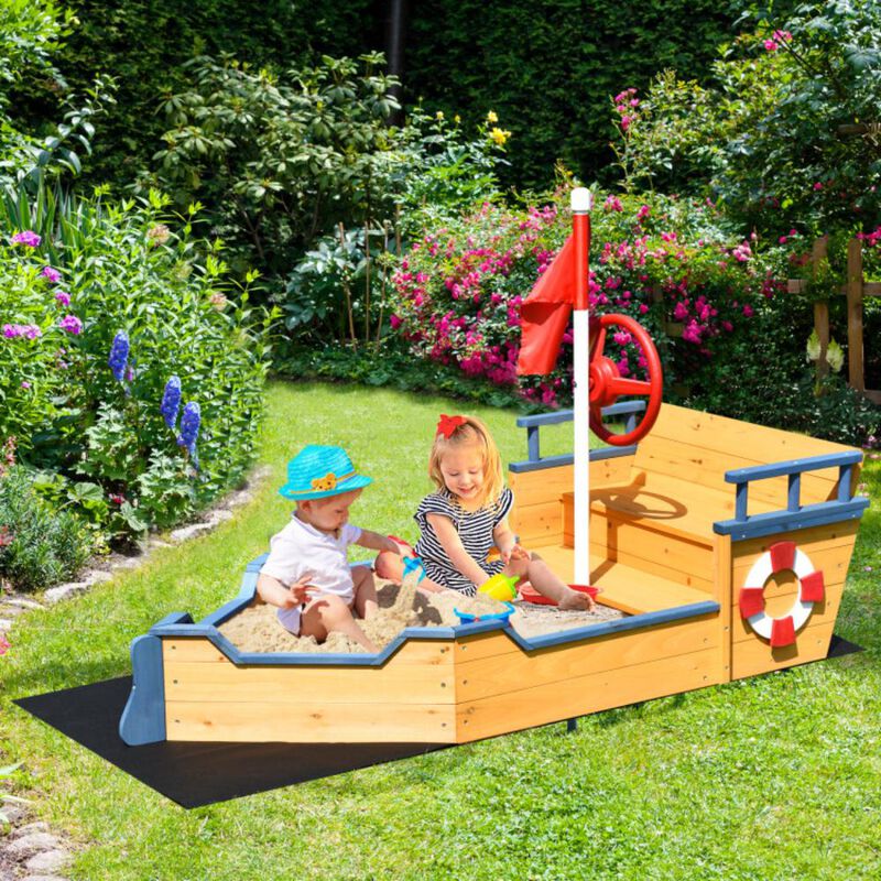 Hivvago Kids Pirate Boat Wooden Sandbox Children Outdoor Playset
