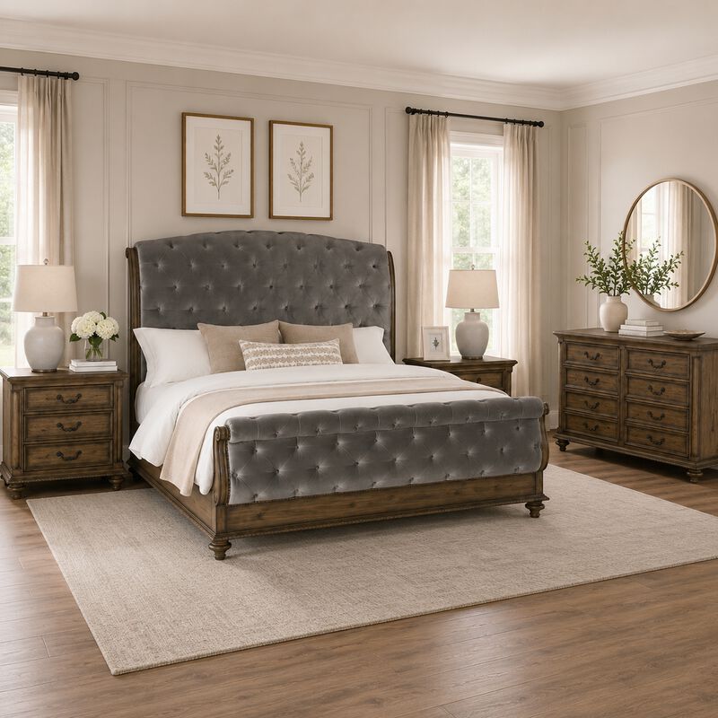 Queen Bedroom Set, Gray, Brown Wood, 4 Piece Set with 2 Nightstands and Dresser image number 8