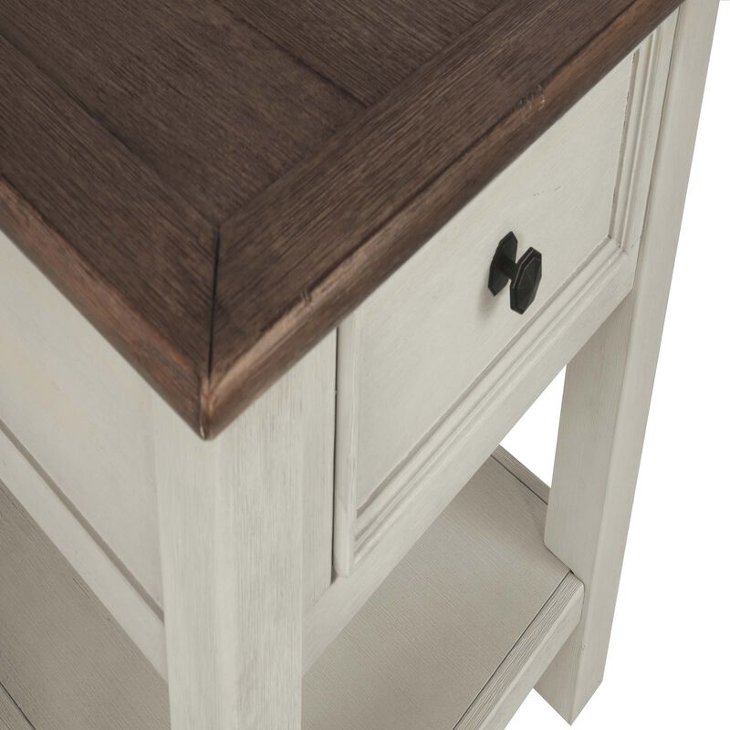 Chair Side End Table with 1 Cabinet and Pull Out Tray, White and Brown-Benzara image number 5