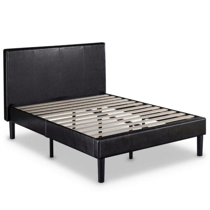 Hivvago Queen Espresso Faux Leather Platform Bed Frame with Headboard