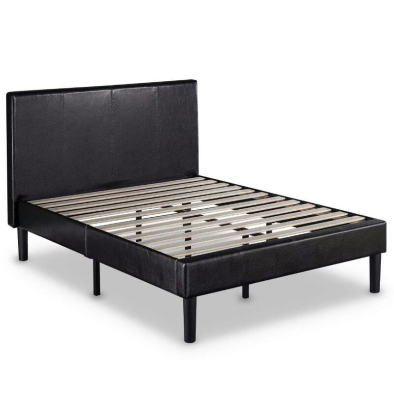 Hivvago Queen Espresso Faux Leather Platform Bed Frame with Headboard