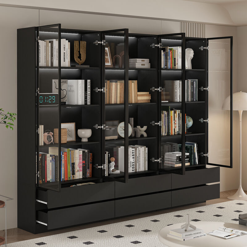 FUFU&GAGA Black MDF 4 -Shelf Oversized set Bookcase with Doors, (94.5" L x 14.2" W x 78.7" H),Black