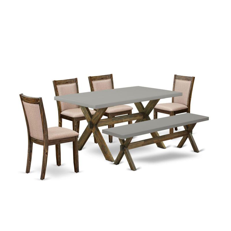 East West Furniture 6 Piece Dinning Room Set- A Cement Top Kitchen Table in Trestle Base with Wooden Bench and 4 Dark Khaki Linen Fabric Modern Chairs - Distressed Jacobean Finish