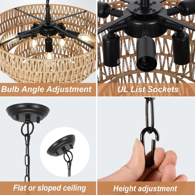 ELEMENT ACE 6-Light Boho Rattan Chandelier with 4-Tier Hand-Woven Wicker Lampshade, Adjustable Pendant Light Fixture for Dining Room, Bedroom, Kitchen, Living Room image number 3