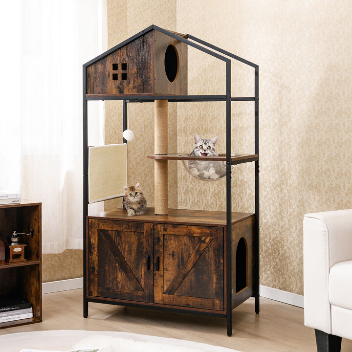 Industrial Indoor Cat Condo with Litter Box &ndash; Multi-Level Cat Tree Furniture - Rustic Brown