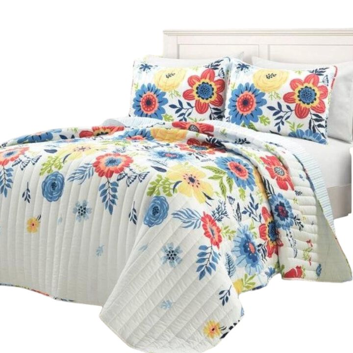 Hivvago King size Lightweight Floral Navy Blue Coral White 3-Piece Polyester Quilt Set