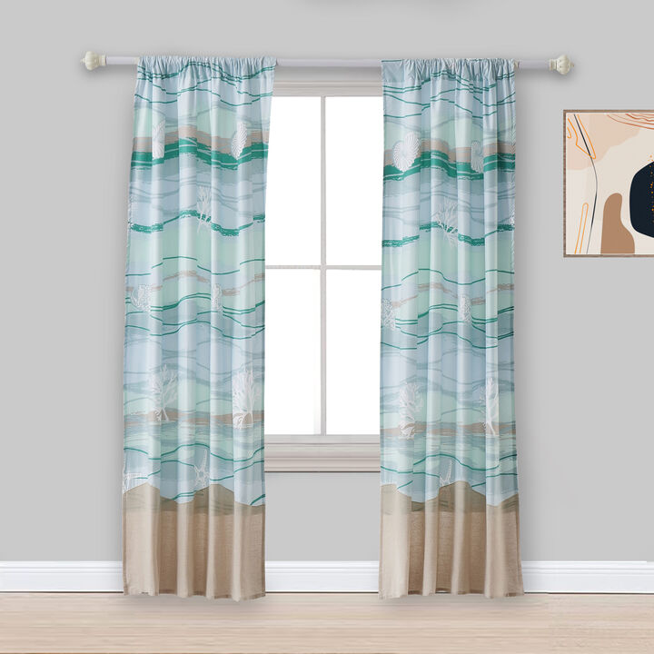 Vira 63 Inch Window Curtains, Ocean Waves and Sand Print, Rod Pockets - Benzara