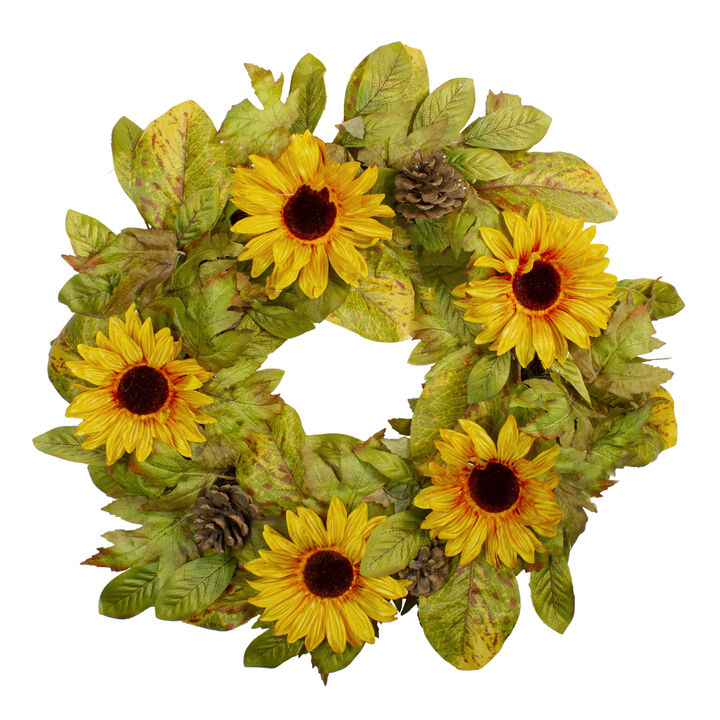 Yellow Sunflower and Pine Cone Artificial Fall Harvest Wreath - 24 inch  Unlit