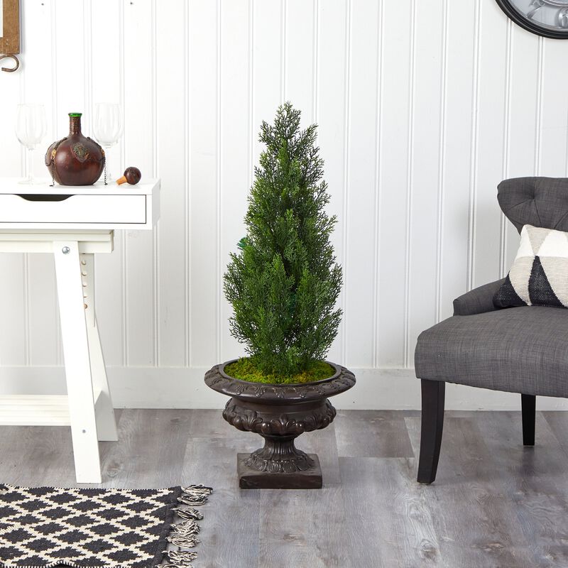 HomPlanti 3.5 Feet Mini Cedar Artificial Pine Tree in Iron Colored Urn UV Resistant (Indoor/Outdoor)
