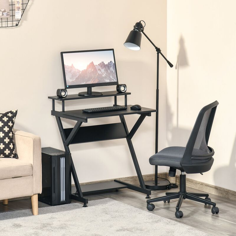 Industrial Computer Desk with Monitor Shelf, R Shaped Writing Table for Home Office, Black image number 6