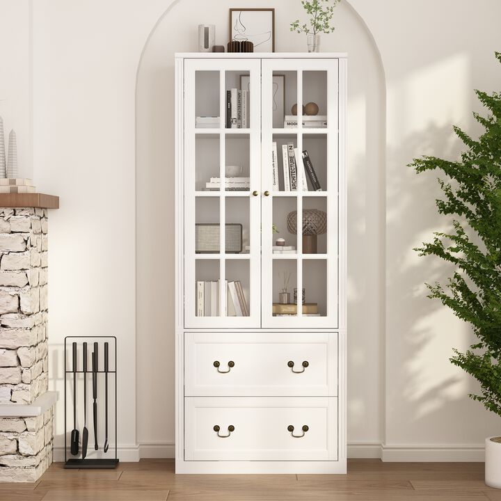 White Wooden 31.5 in. W Buffet Pantry Cabinet Kitchen Cabinet with Adjustable Shelves and Tempered Glass Doors, Drawers