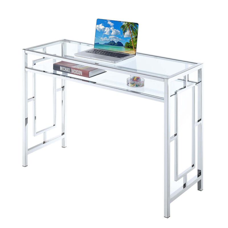 Convenience Concepts Town Square Chrome Desk With Shelf, Clear Glass/Chrome Frame