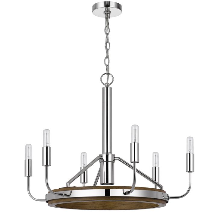6-Light Candelabra Chandelier with LED, Chrome and Oak Wood, 26 Inch