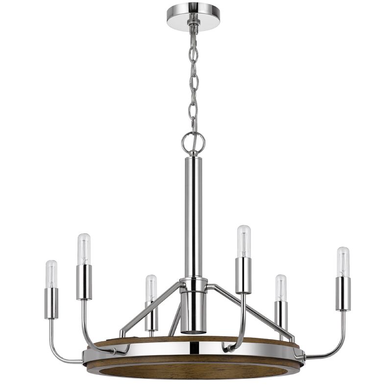 6-Light Candelabra Chandelier with LED, Chrome and Oak Wood, 26 Inch image number 0