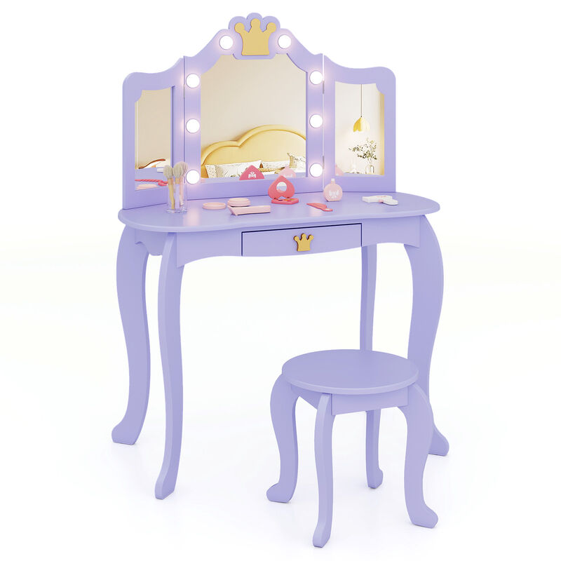 Kids Vanity Set with Tri-fold Lighted Mirror Detachable Top and Stool