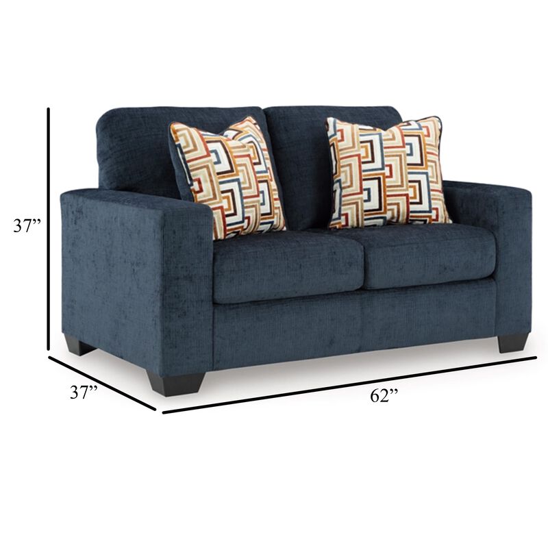 Avie Loveseat, 2 Accent Pillows, Soft Navy Blue Polyester, 62 Inch