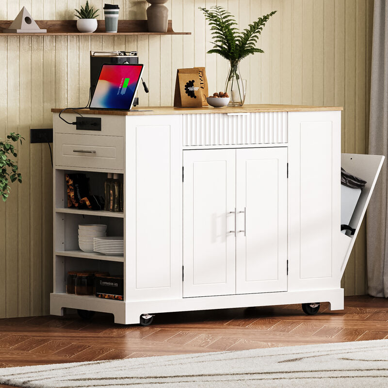 ELEMENT ACE Fluted Kitchen Island with Trash Can Storage Cabinet, Power Outlet, Adjustable Shelves and Mobile Design image number 4