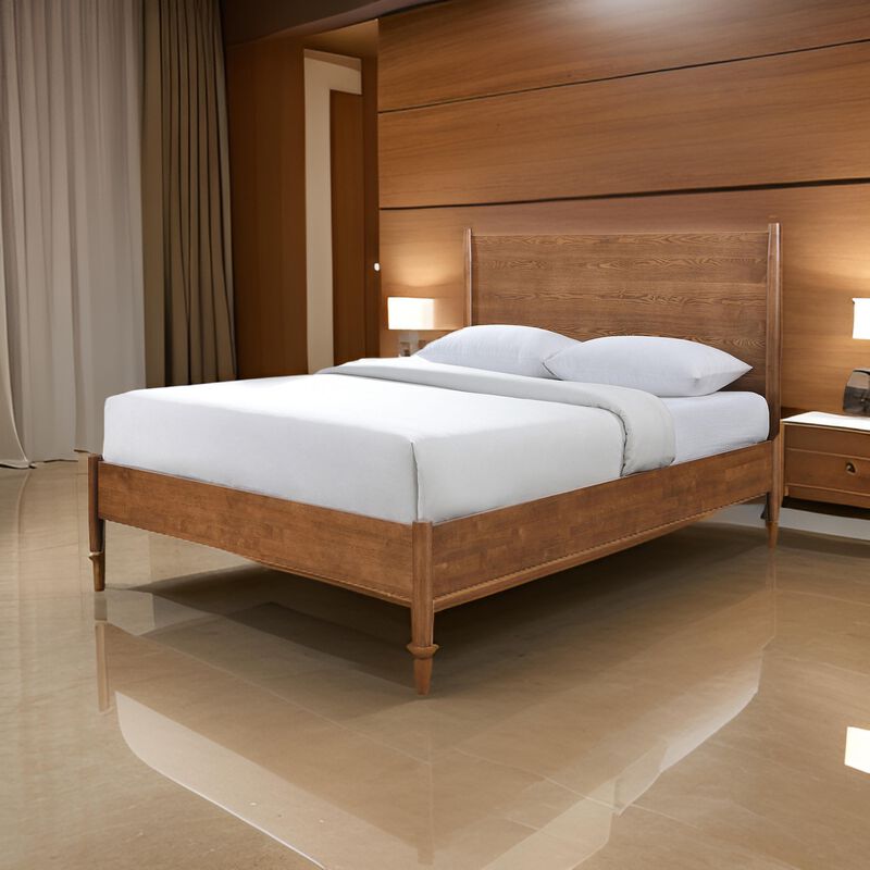 Roma Queen Size Bed, Panel Headboard, Tapered Legs, Walnut Brown Solid Wood - Benzara
