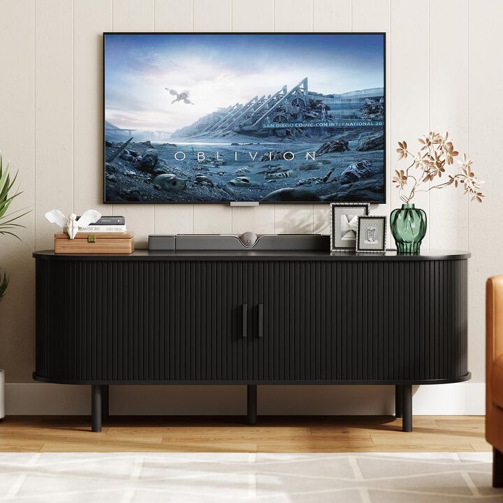 55" TV Stand with Power Outlet, Sliding Doors, 6-Storage Media Console