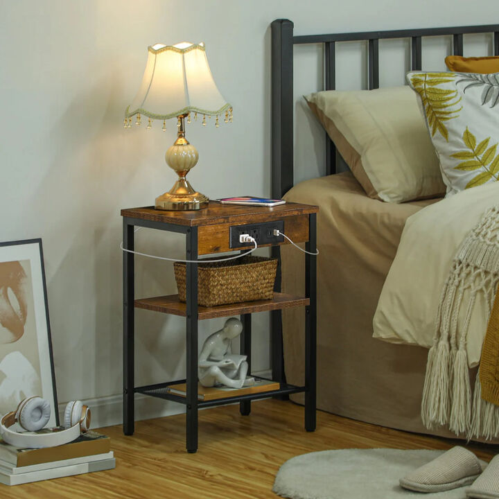 Modern 3 Tier Side Table with Charging Station, USB Port and Storage Shelves