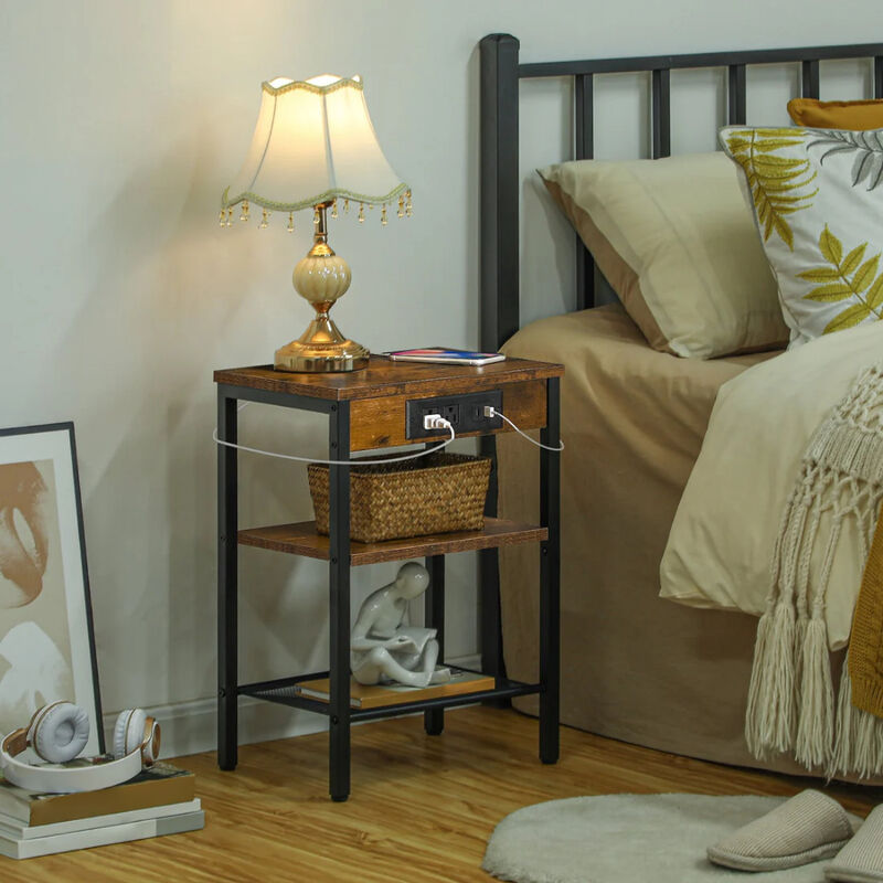 Modern 3 Tier Side Table with Charging Station, USB Port and Storage Shelves image number 1