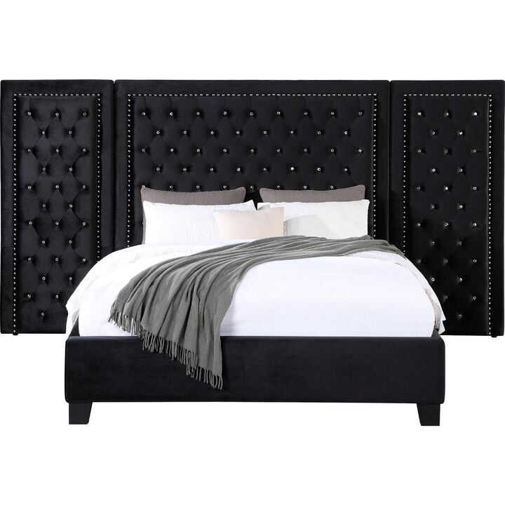 Cleo Luxury King Bed, Velvet, XL 3 Panel Headboard, Crystal Tufted, Black