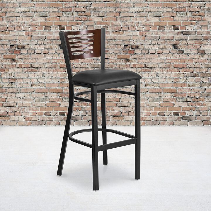 Flash Furniture HERCULES Series Black Slat Back Metal Restaurant Barstool - Walnut Wood Back, Black Vinyl Seat