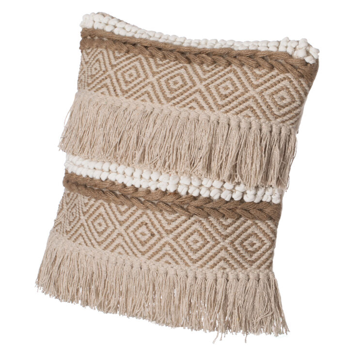 16" Handwoven Cotton Throw Pillow Cover with Embossed White Dots and Natural Fringed Pattern, Natural