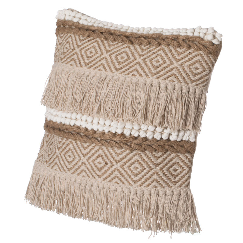 16" Handwoven Cotton Throw Pillow Cover with Embossed White Dots and Natural Fringed Pattern, Natural