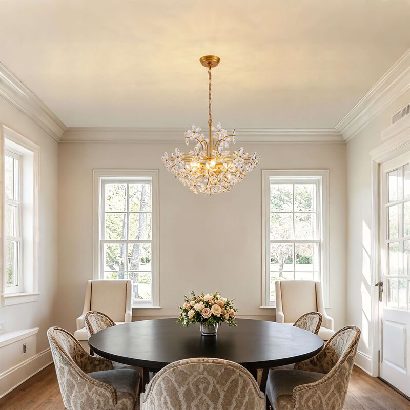Rosa Modern 6-Light Daisy Glam Clear Crystals Large Size Chandelier - Medium‑gloss Brushed Brass Finish image number 2