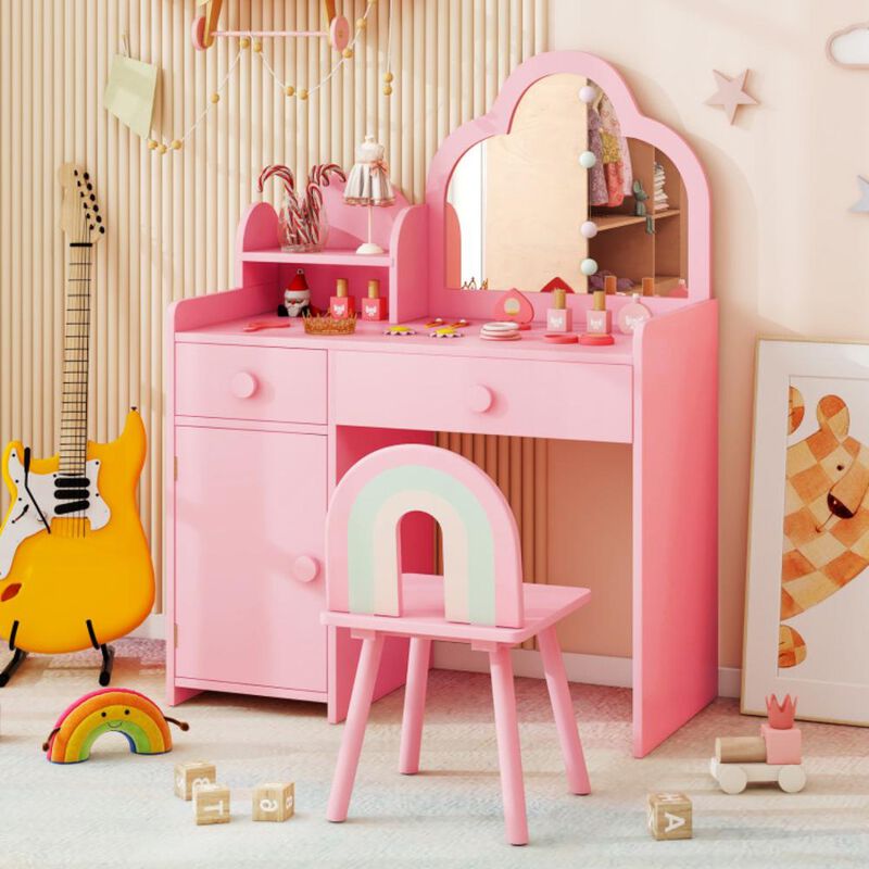 Hivvago Kids Vanity Table and Chair Set with Cloud-shaped Mirror and Open Shelf
