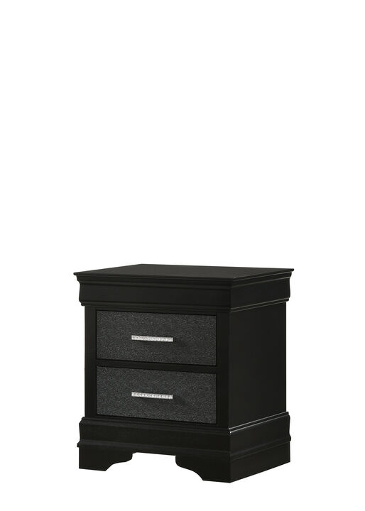 2 Drawer Wooden Nighstand with Horizontal Pull and Studded Accent, Black - Benzara
