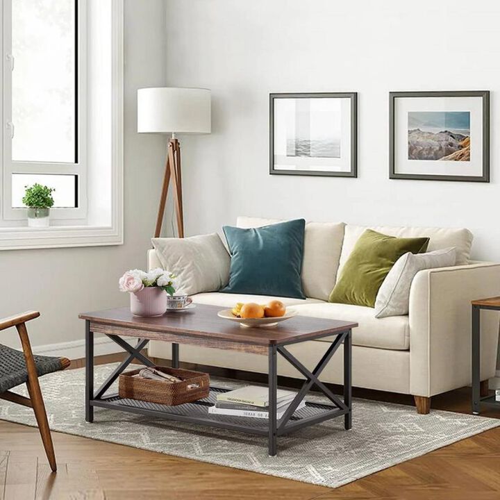 Hivvago Modern Classic Metal Wood Coffee Table with Bottom Storage Shelf