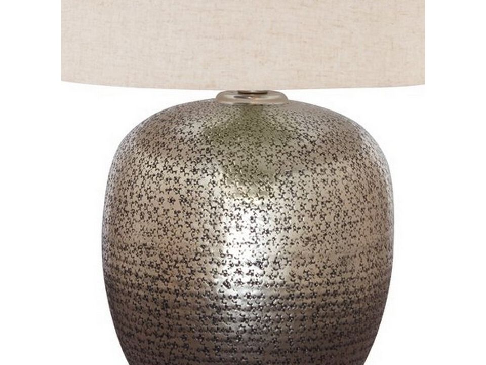 Bellied metal Body Table Lamp with Splotched Details, Brass and Cream-Benzara
