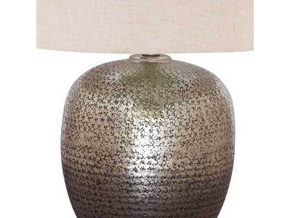 Bellied metal Body Table Lamp with Splotched Details, Brass and Cream - Benzara