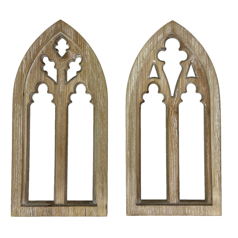 Whitewashed Wood Gothic Arch Window Frame Wall Decor 2 Piece Set image number 0
