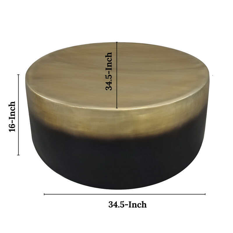 Dyan Coffee Table, 34.5 Inch Round Drum Shape, Black, Gold Antique Brass Ombre
