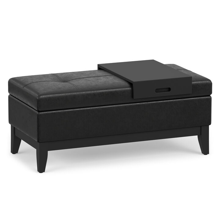 Oregon 42 inch Wide Transitional Rectangle Storage Ottoman Bench with Tray in Distressed Black Vegan Faux Leather, Assembled