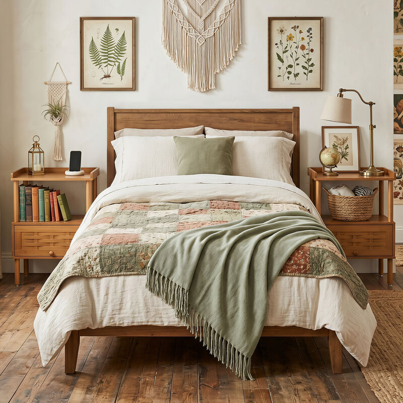 Bamboo Rattan Nightstand with Raised Edge Flip-Up Door and Open Shelf image number 2