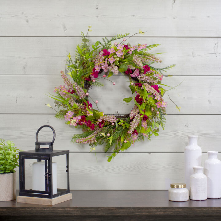 Spring Floral Foliage and Berry Twig Wreath  Pink 21"